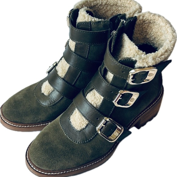 EUC Vince Camuto Women's Olive Green Klerica
Leather Fur Moto Boots Size 7.5 - Picture 4 of 10